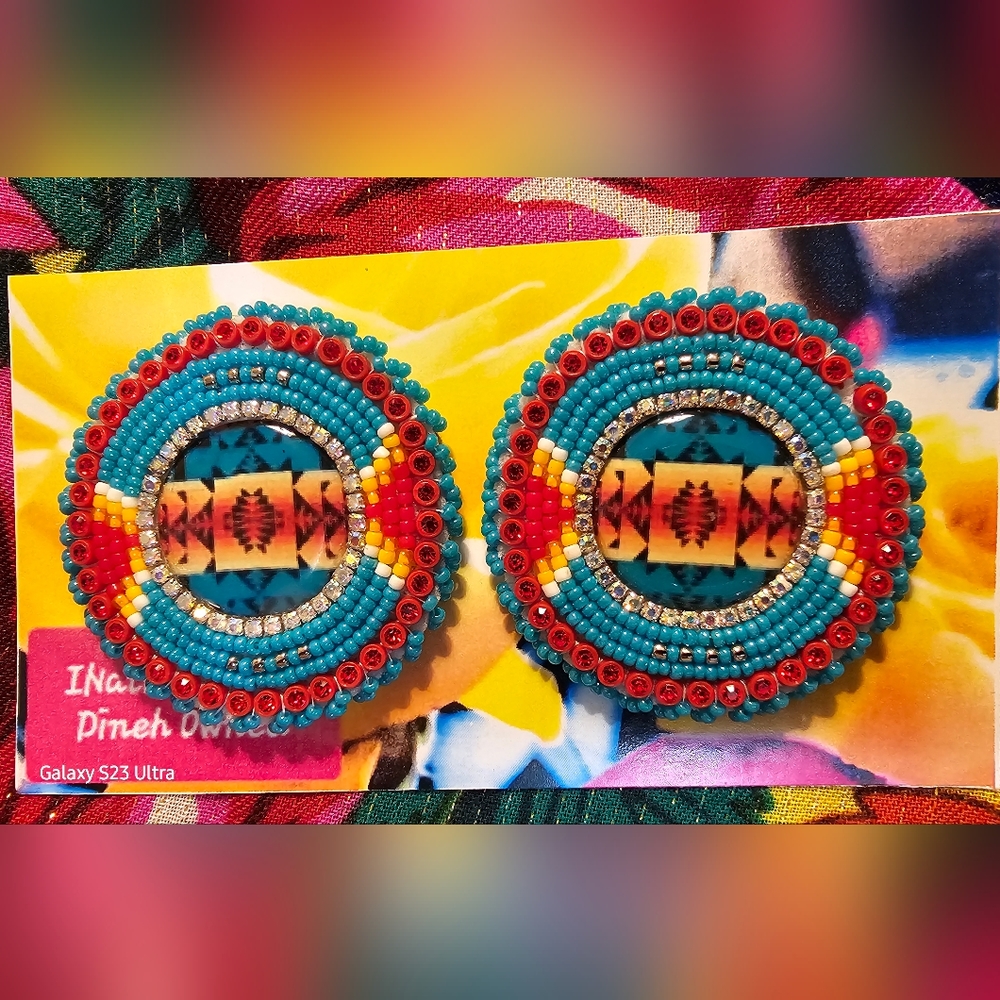 Native American Traditional Beaded Powwow Earrings. Red and Turquoise Beads.